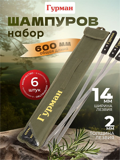 Шампур лезвие плоское, 6 шт, 600х14х2 мм, нержавеющая сталь, рукоятка дерево, Гурман, Люкс, в чехле, 23004-newblk