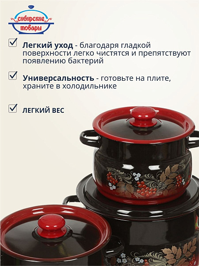 Набор посуды эмалированная сталь, 6 предметов, кастрюли 4,5.5,8 л, Сибирские товары, Рябинка 11, N11L05