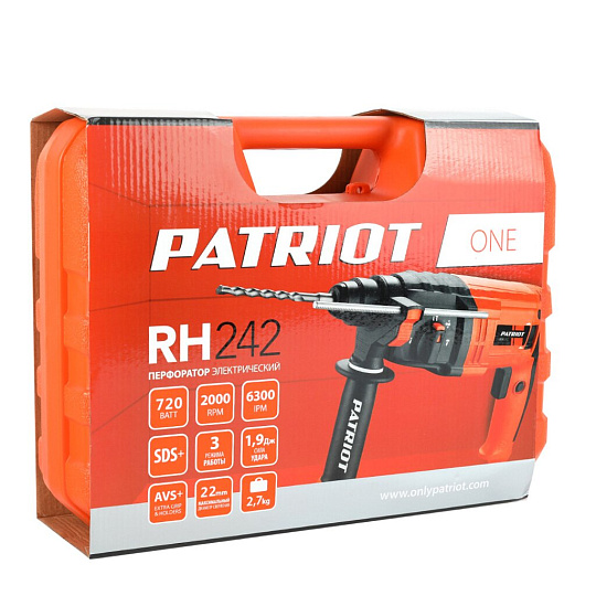 Перфоратор Patriot, RH242, SDS-Plus, 720 Вт, 2.5 Дж, 3 режима, с кейсом