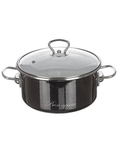 Кастрюля эмалированная сталь, 4 л, крышка стекло, Vitross, Bon Appetit, 8SD205S/8SB225S, мокрый асфальт, индукция
