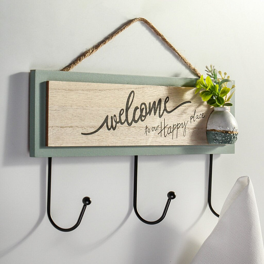 Ключница Welcome, 32.8х15 см, МДФ, 3 крючка, на декоративном панно, настенная, A200169