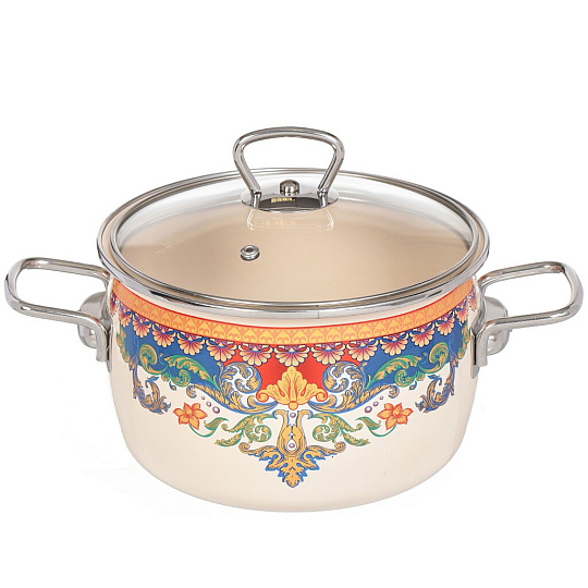 Кастрюля эмалированная сталь, 3 л, крышка стекло, Vitross, Ornamento, 1SC185S, индукция