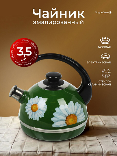 Чайник сталь, эмалированное покрытие, 3.5 л, со свистком, ручка консольная, Рубин, Ромашки, зеленый, T04/35/07/14