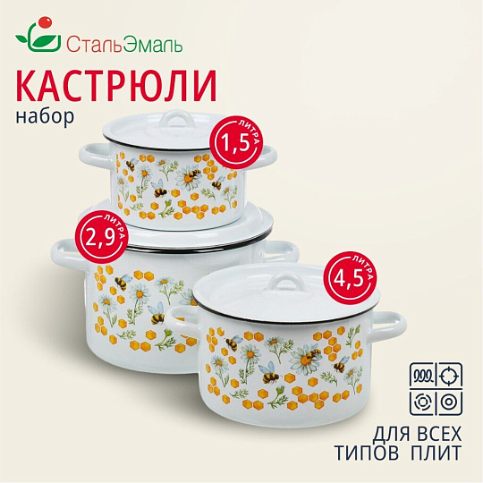 Набор посуды эмалированная сталь, 3 предмета, кастрюли 1.5, 2.9, 4.5 л, индукция, СтальЭмаль, Пчелы, 1с33