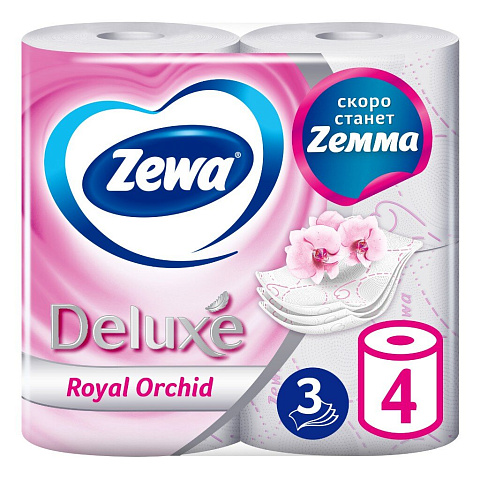 Туалетная бумага Zewa, Deluxe орхидея, 3 слоя, 4 шт, 18.5 м, с втулкой