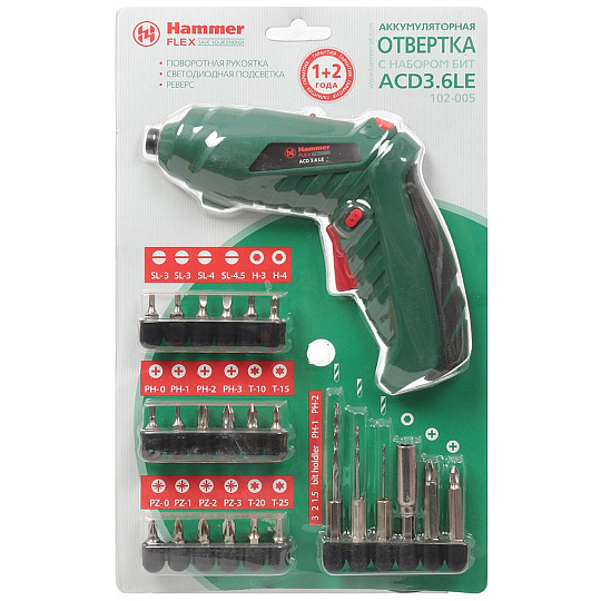 Отвертка аккумуляторная, Hammer, ACD3.6LE, 3.6 В, 0.6 А.ч, Ni-Cd, 250 об/мин, набор бит