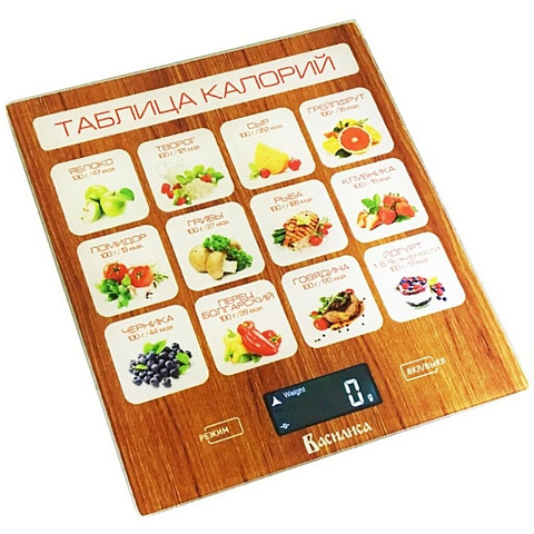 Весы кухонные электронные, стекло, Василиса, платформа, точность 1 г, до 5 кг, "Таблица калорий", ВА-003