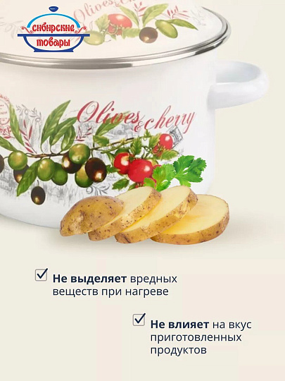 Кастрюля эмалированная сталь, 2 л, крышка сталь, цилиндрическая, Сибирские товары, Оливки и черри, 3MD161M, индукция