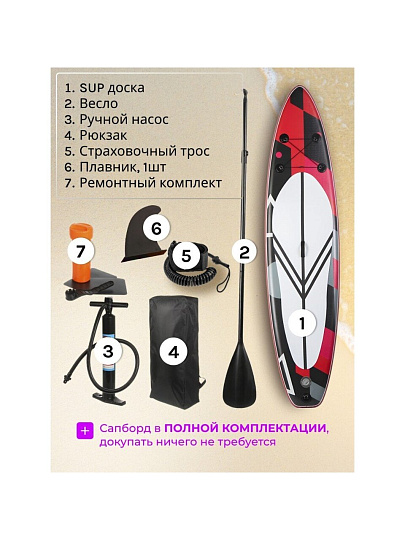 Сап борд надувной 330х81х15 см, одинарный ПВХ, рюкзак, насос, весло и лиш, ремкомплект, 190 кг, SUP003