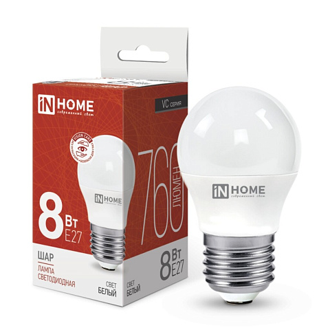 Лампа светодиодная E27, 8 Вт, 75 Вт, 230 В, шар, 4000 К, свет белый, In Home, LED-ШАР-VC