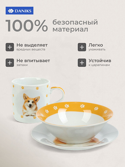 Набор посуды керамика, 3 шт, Корги, тарелка 17.5 см, салатник 15 см, кружка 230 мл, Daniks, C1008