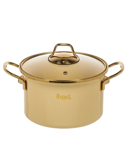 Кастрюля эмалированная сталь, 4 л, крышка стекло, ручки золото, RasheL, Gold, R-07720, кремовая, индукция