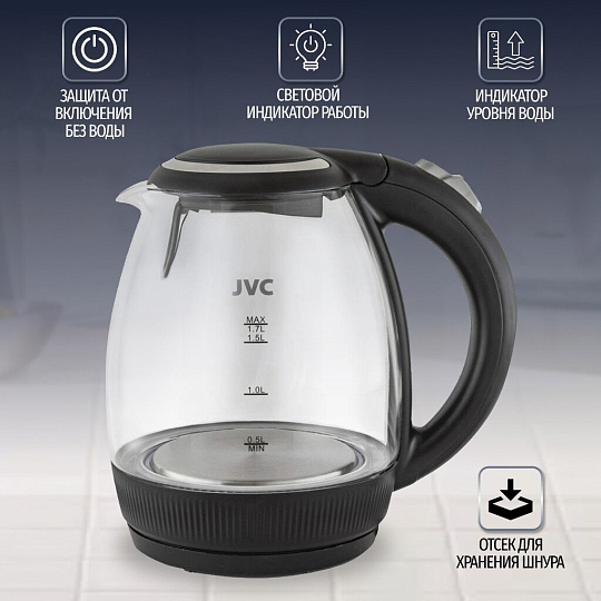 Чайник электрический JVC, JK-KE1516, черный, 1.7 л, 2200 Вт, скрытый нагревательный элемент, стекло