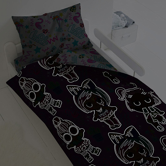 Постельное белье детское 1.5-спальное, простыня 150х214 см, 1 наволочка 70х70 см, пододеяльник 143х215 см, Непоседа, поплин, L.O.L. Surprise! Neon 16265-1/16289-1 651788