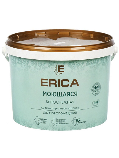 Краска водно-дисперсионная, Erica, акриловая, универсальная, моющаяся, влагостойкая, матовая, белая, 13 кг