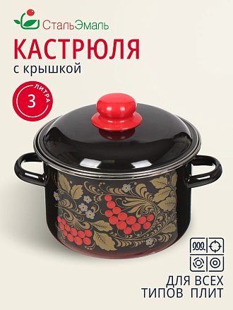 Кастрюля эмалированная сталь, 3 л, крышка сталь, цилиндрическая, СтальЭмаль, Рябина, 7RD181M/7RD181S, индукция