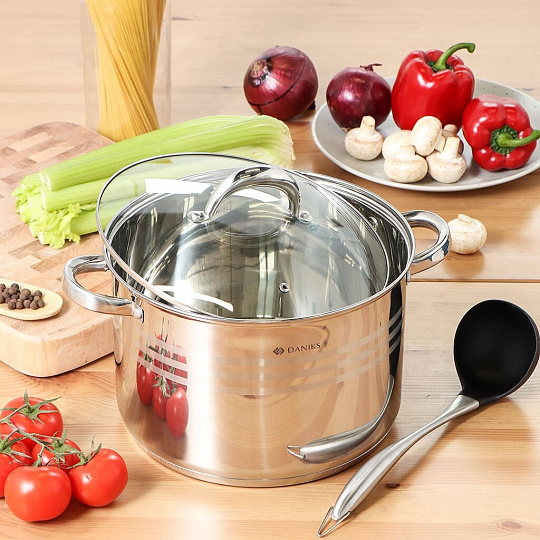 Кастрюля нержавеющая сталь, 12 л, крышка стекло, Daniks, Общепит, SP-6BP-12/SP-6BP-13, индукция