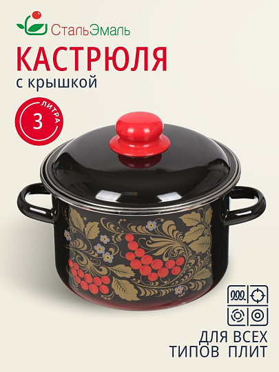 Кастрюля эмалированная сталь, 3 л, крышка сталь, цилиндрическая, СтальЭмаль, Рябина, 7RD181M/7RD181S, индукция