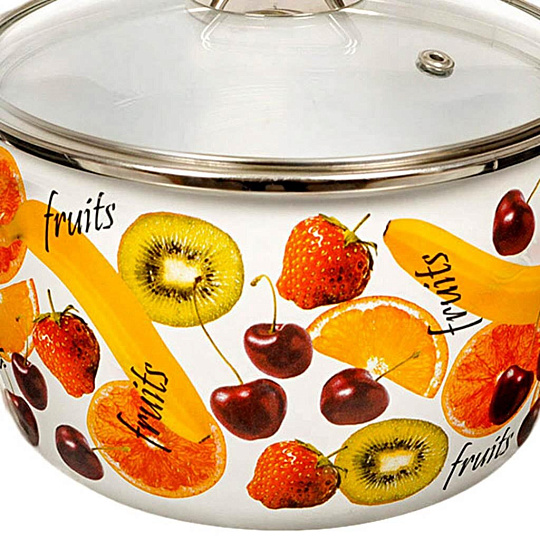 Кастрюля эмалированная сталь, 5 л, крышка сталь, петля, сферический, СтальЭмаль, Fruits, 1SA245S, белая, индукция