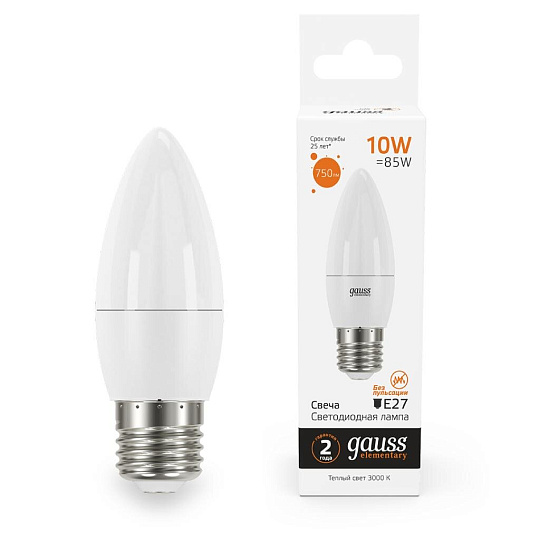 Лампа светодиодная E27, 10 Вт, 75 Вт, свеча, 3000 К, теплый белый свет, Gauss, Elementary, 30210