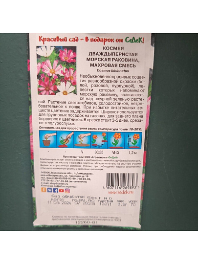 Семена Цветы, Космея, Морская раковина, 0.3 г, цветная упаковка, Седек
