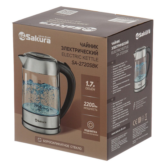 Чайник электрический Sakura, SA-2720SBK, 1.7 л, 1850-2200 Вт, скрытый нагревательный элемент, стекло