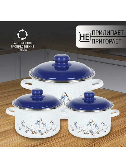 Набор посуды эмалированная сталь, 3 предмета, 2,3,5.5 л, индукция, СтальЭмаль, Гуси, 6KB191M