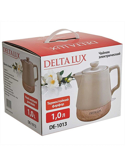 Чайник электрический Delta Lux, DE-1013, 1 л, 1200 Вт, скрытый нагревательный элемент, фарфор