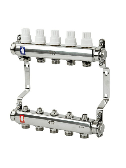 Коллекторная группа 3/4", с ручными клапанами и кронштейном, 1"х 5 выходов, РосТурПласт