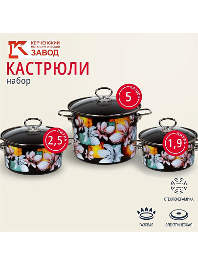 Набор посуды эмалированная сталь, 6 предметов, кастрюли 1.9,2.5,5 л, индукция, Керченский металлургический завод, Адель 5-1 Элит