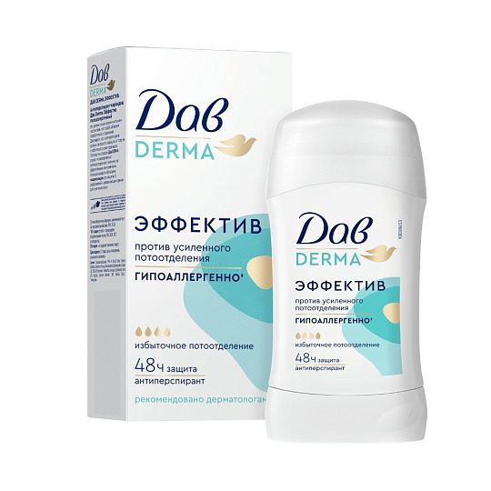 Дезодорант Дав, Derma, BOX P2, женский, эффектив, гипоаллергенный, стик, 40 мл