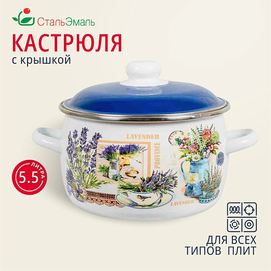 Кастрюля эмалированная сталь, 5.5 л, крышка сталь, сферический, СтальЭмаль, Горная лаванда, 6RC221M, индукция