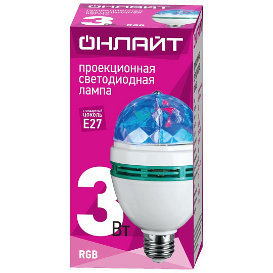 Лампа светодиодная E27, 3 Вт, эллипсоидная, RGB, Онлайт, Disco, 61119