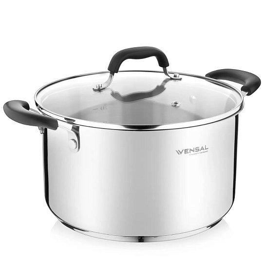Кастрюля нержавеющая сталь, 6.3 л, с крышкой, крышка стекло, Vensal, Coquet, VS1507, индукция