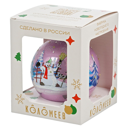 Елочный шар Снеговик и птички, 10 см, стекло, КУ-100-244008
