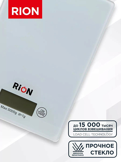 Весы кухонные электронные, стекло закаленное, Rion, платформа, точность 1 г, до 5 кг, LCD-дисплей, белые, BB-K08