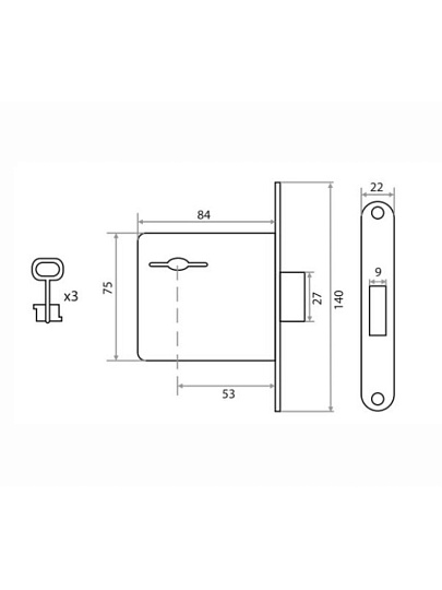 Замок врезной без защелки, Vrata, ЗВ8-4, 210270, без ручки, цилиндровый, серый