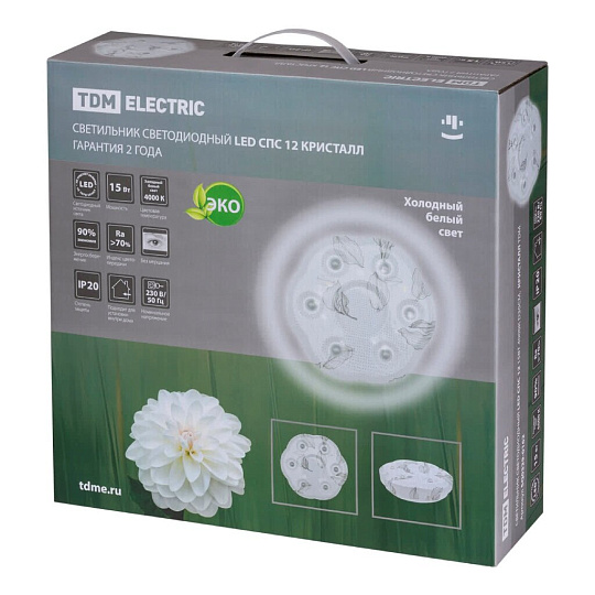 Светильник светодиодный, TDM Electric, СПС 12 Кристалл, 15 Вт, 4000 К, 1240 Лм, IP20, 35х35х10 см, белый, SQ0329-0162