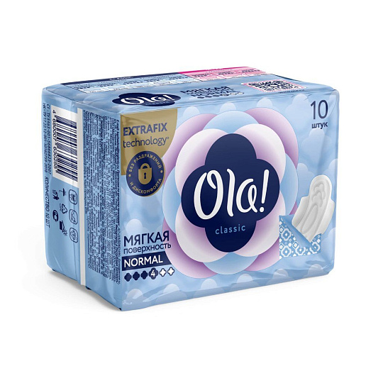 Прокладки женские Ola, Classic Wings Singles Normal, 10 шт, толстые, мягкая поверхность, 0259