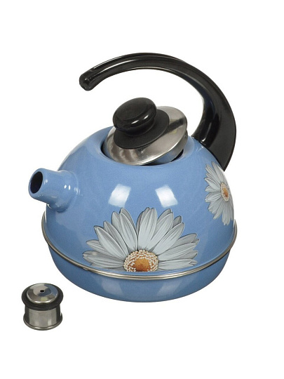 Чайник сталь, эмалированное покрытие, 3.5 л, со свистком, декор в ассортименте, ручка консольная, Рубин, Клубника с ромашкой, синий туман, T04/35/08/05/14