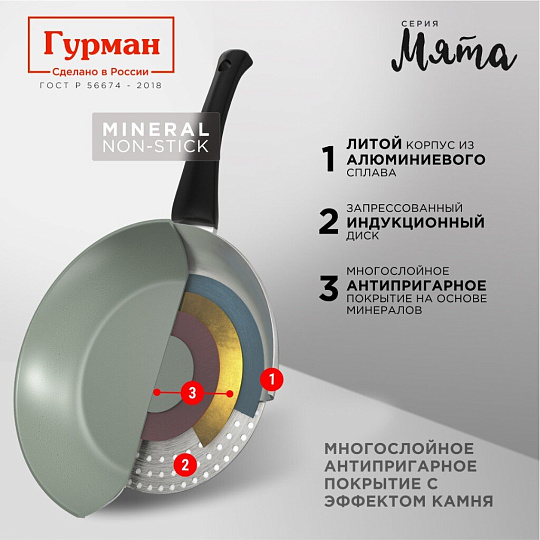 Сковорода литой алюминий, 26 см, антипригарное покрытие, Гурман, Мята, индукция, ГМ2601МЛ