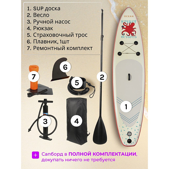 Сап борд надувной 330х81х15 см, одинарный ПВХ, рюкзак, насос, весло и лиш, ремкомплект, 200 кг, SUP004