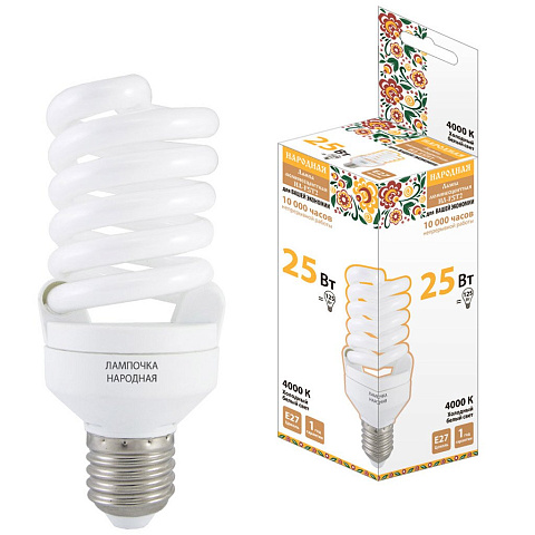 Лампа энергосберегающая E27, 25 Вт, свет холодный белый, TDM Electric, Народная НЛ-FSТ2, SQ0347-0063