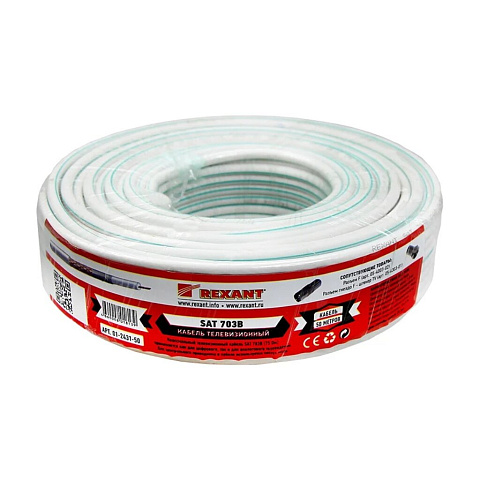 Провод коаксиальный, 1х1.00 мм², 50 м, SAT 703B, (75%), 75 Ом, белый, Rexant, 01-2431-50
