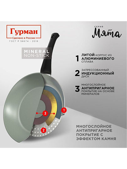 Сковорода литой алюминий, 26 см, антипригарное покрытие, Гурман, Мята, индукция, ГМ2601МЛ