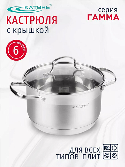 Кастрюля нержавеющая сталь, 6 л, крышка стекло, Катунь, Гамма, КТ20-D-24, индукция