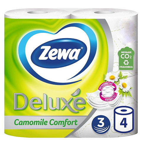 Туалетная бумага Zewa, Deluxe Ромашка, 3 слоя, 4 шт, 17 м, с втулкой, белая