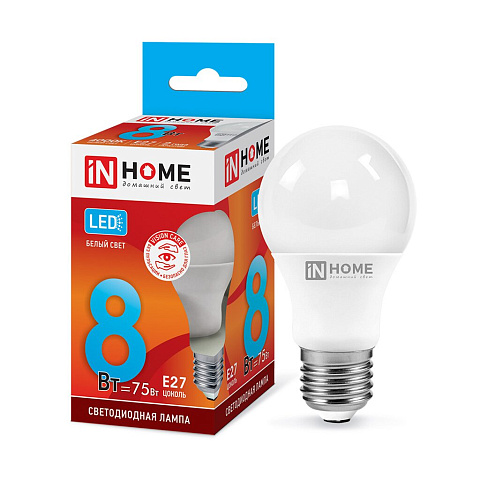 Лампа светодиодная E27, 8 Вт, 75 Вт, груша, 4000 К, свет холодный белый, In Home