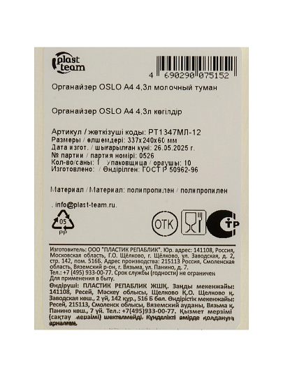 Корзина 4.3 л, 33.7х24х6 см, прямоугольная, пластик, молочный туман, Plast team, Oslo