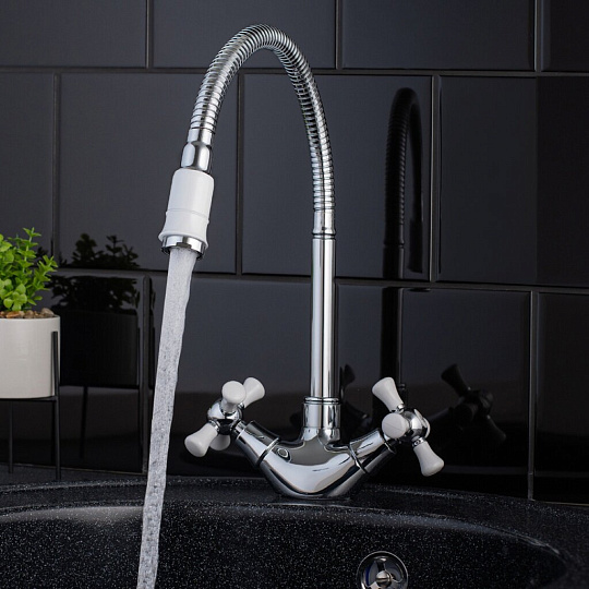 Смеситель для кухни, РМС, гибкий излив, с кран-буксой, белый, SL92W-279F